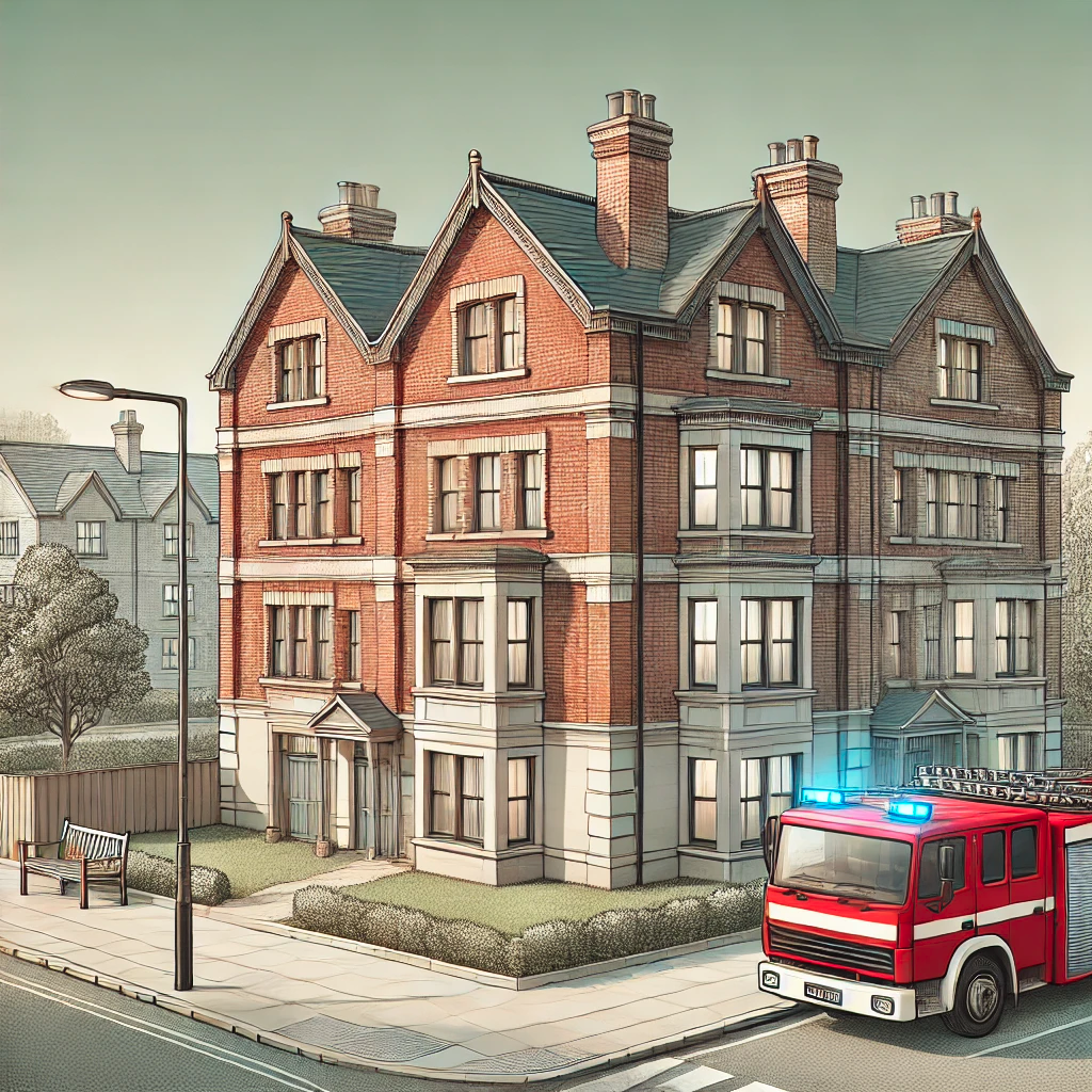 Piirros rakennuksesta, jonka edustalla on paloauto